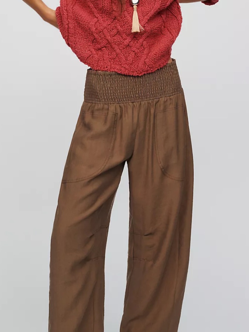 Anthropologie Brown Smocked-Waist Wide-Leg Pants